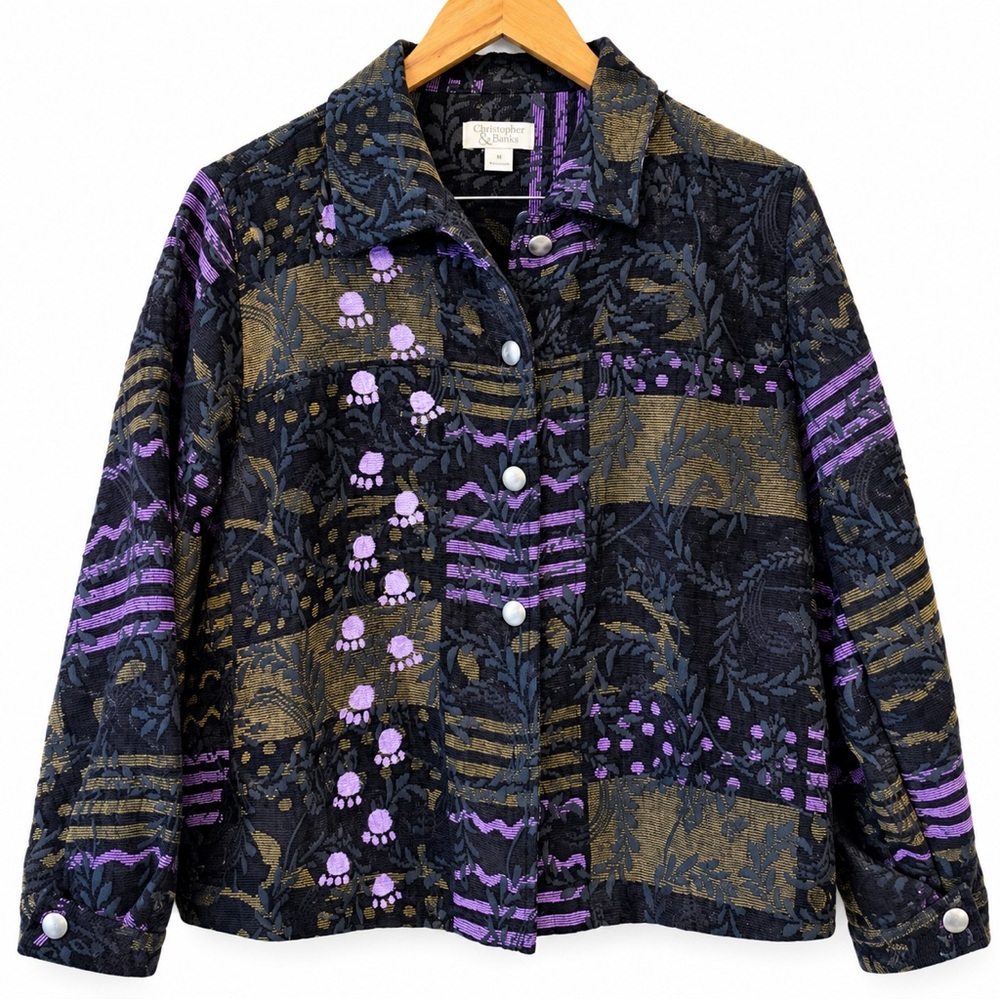 Christopher & Banks M Jacquard Patchwork Jacket Purple Black Y2K 2005